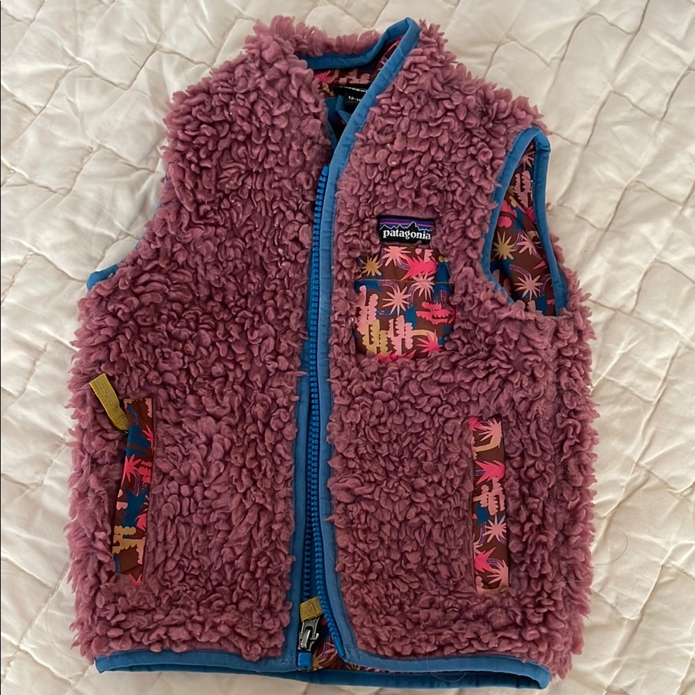 Patagonia Pink Fleece Vest with Blue Trim